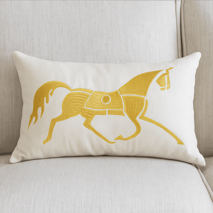 Coussin Blanc sale brodé cheval Doré