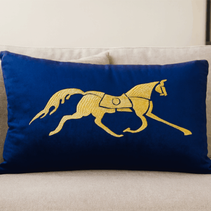 Coussin Bleu brodé cheval Doré