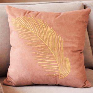 Coussin Marron brodé plume Doré