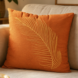 coussin orange brodé plume doré